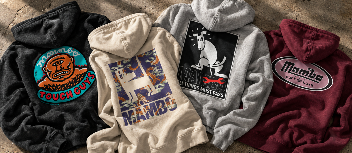 Mambo graphic hoodies and sweatshirts laid out together
