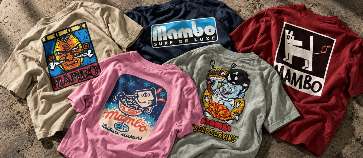Five Mambo graphic T-shirts laid out together