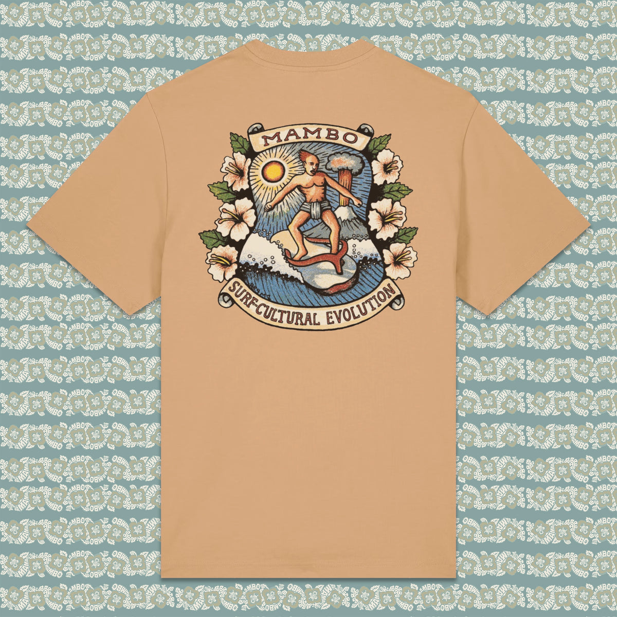 Surf-Cultural Evolution t-shirt in Latte — garment back