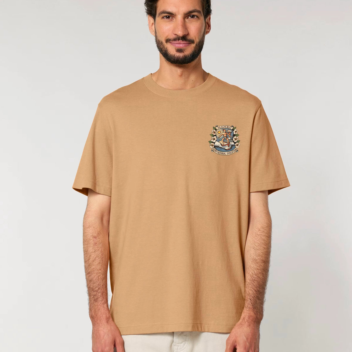 Surf-Cultural Evolution t-shirt in Latte — model front