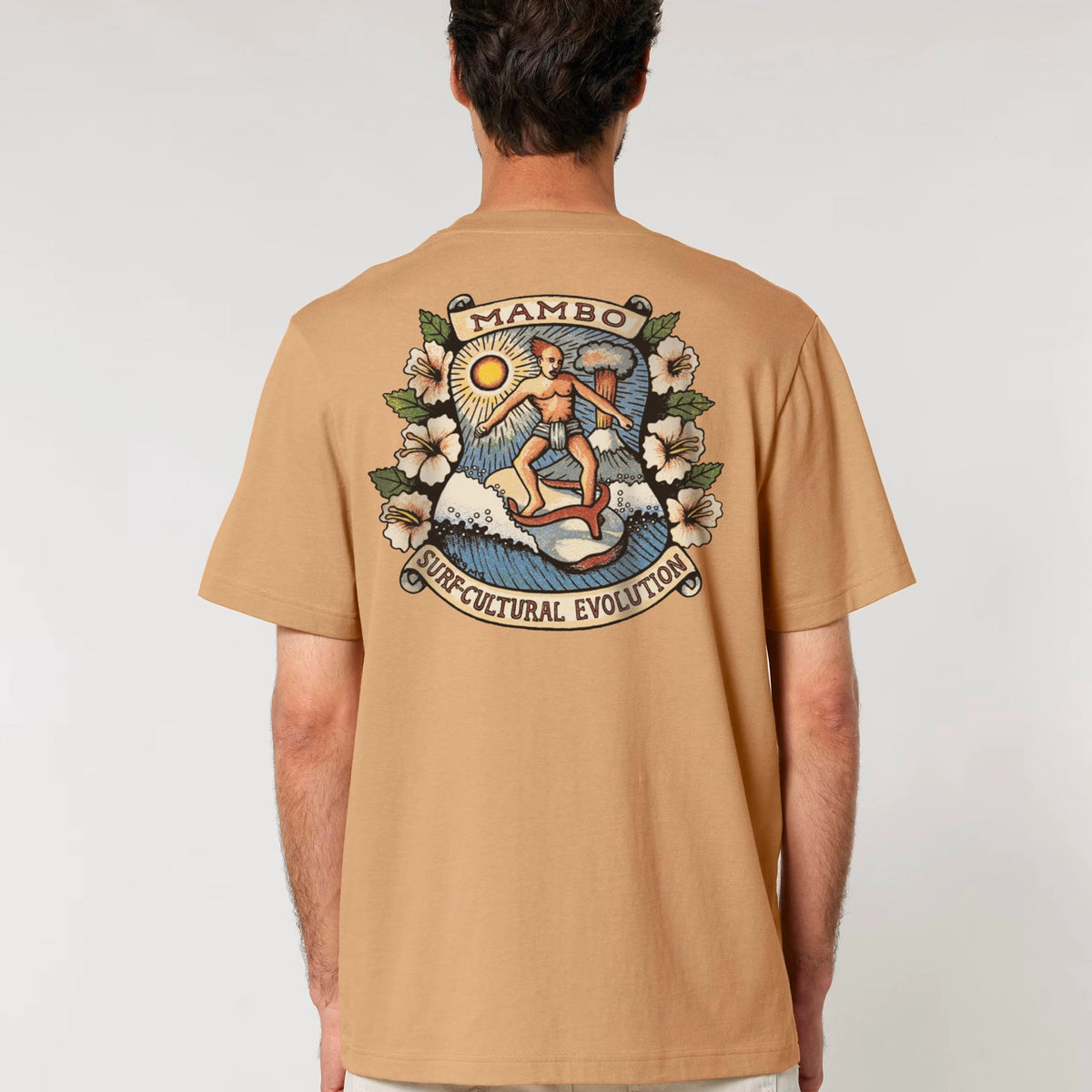 Surf-Cultural Evolution t-shirt in Latte — model back