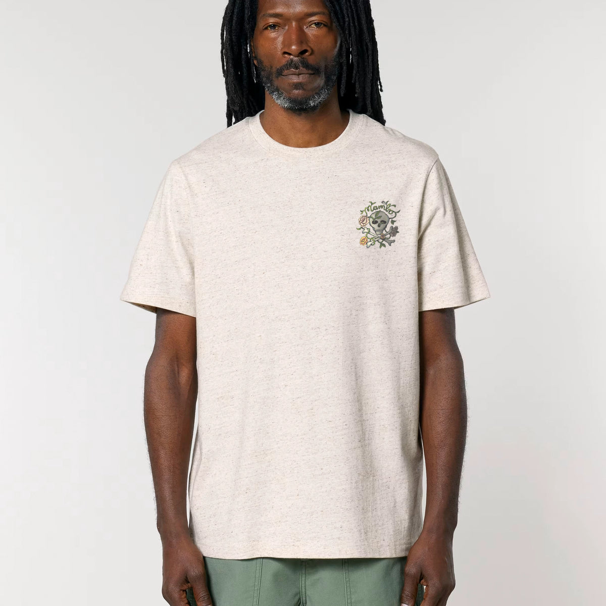Cross Bones t-shirt in Eco Heather — model front