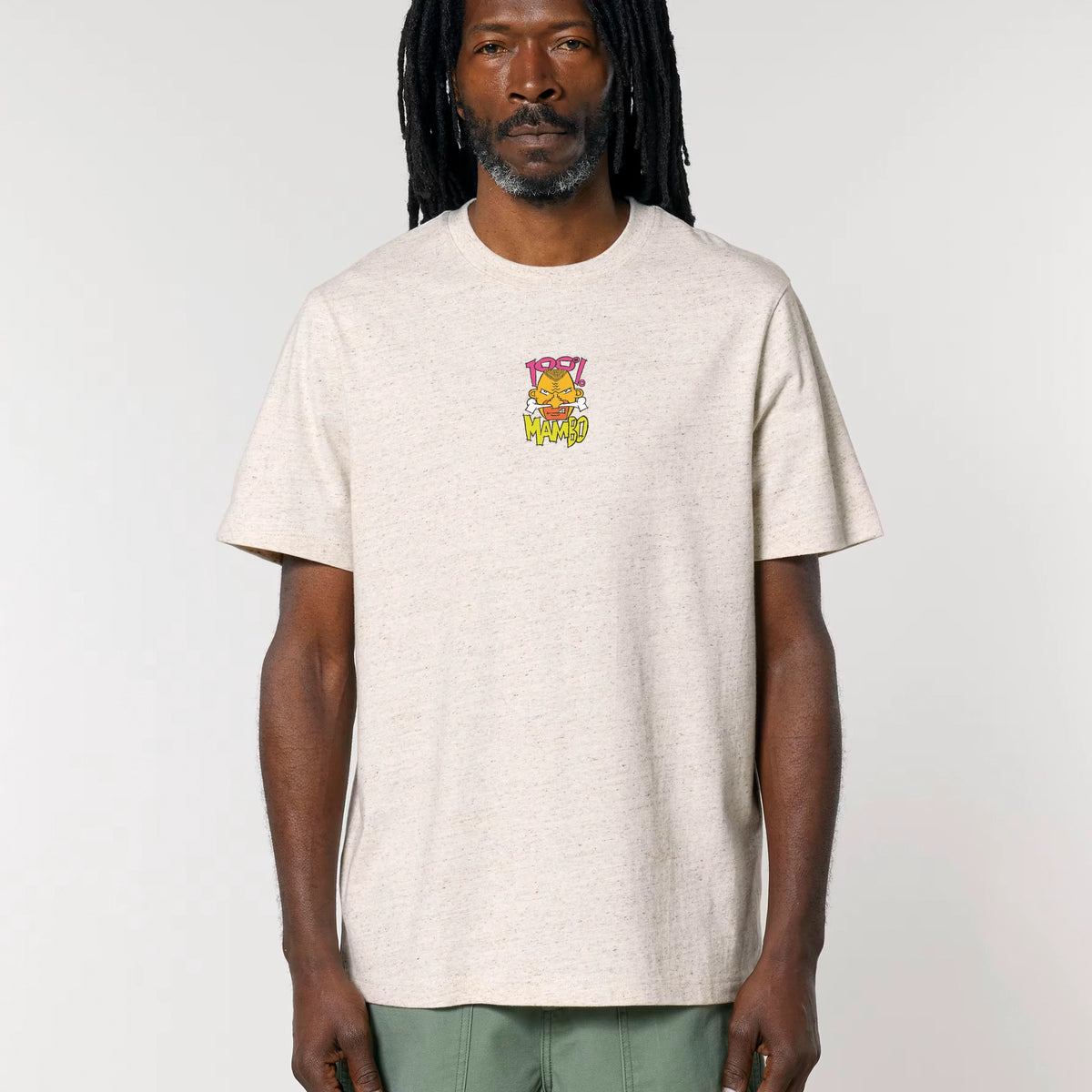 100% Mambo t-shirt in Eco Heather — model front