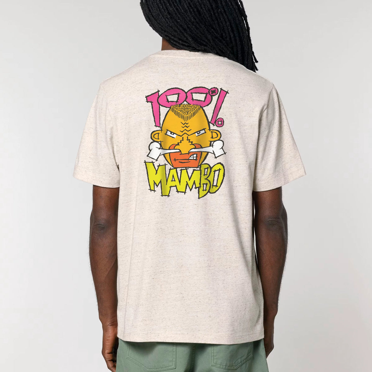 100% Mambo t-shirt in Eco Heather — model back