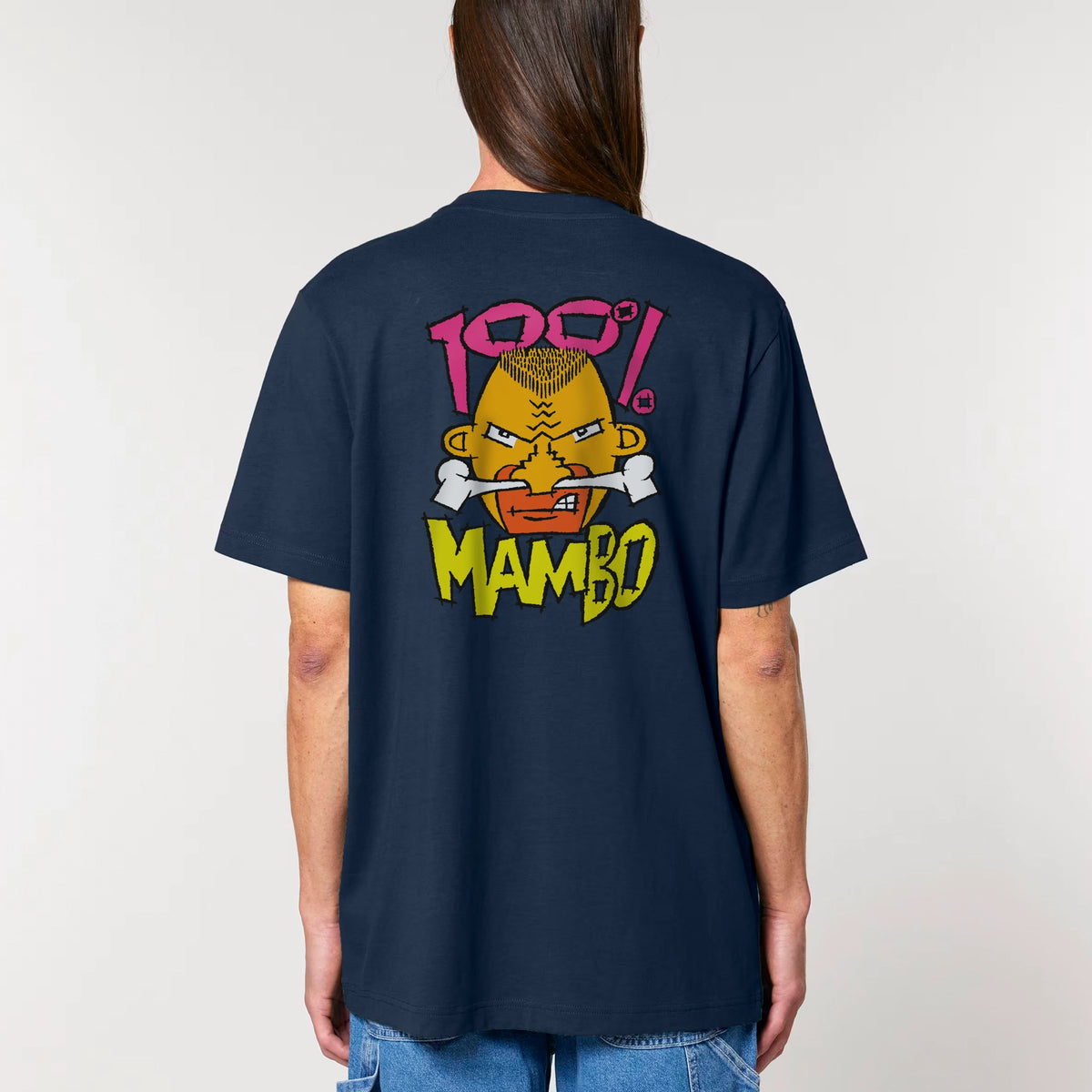 100% Mambo t-shirt in French Navy — model back