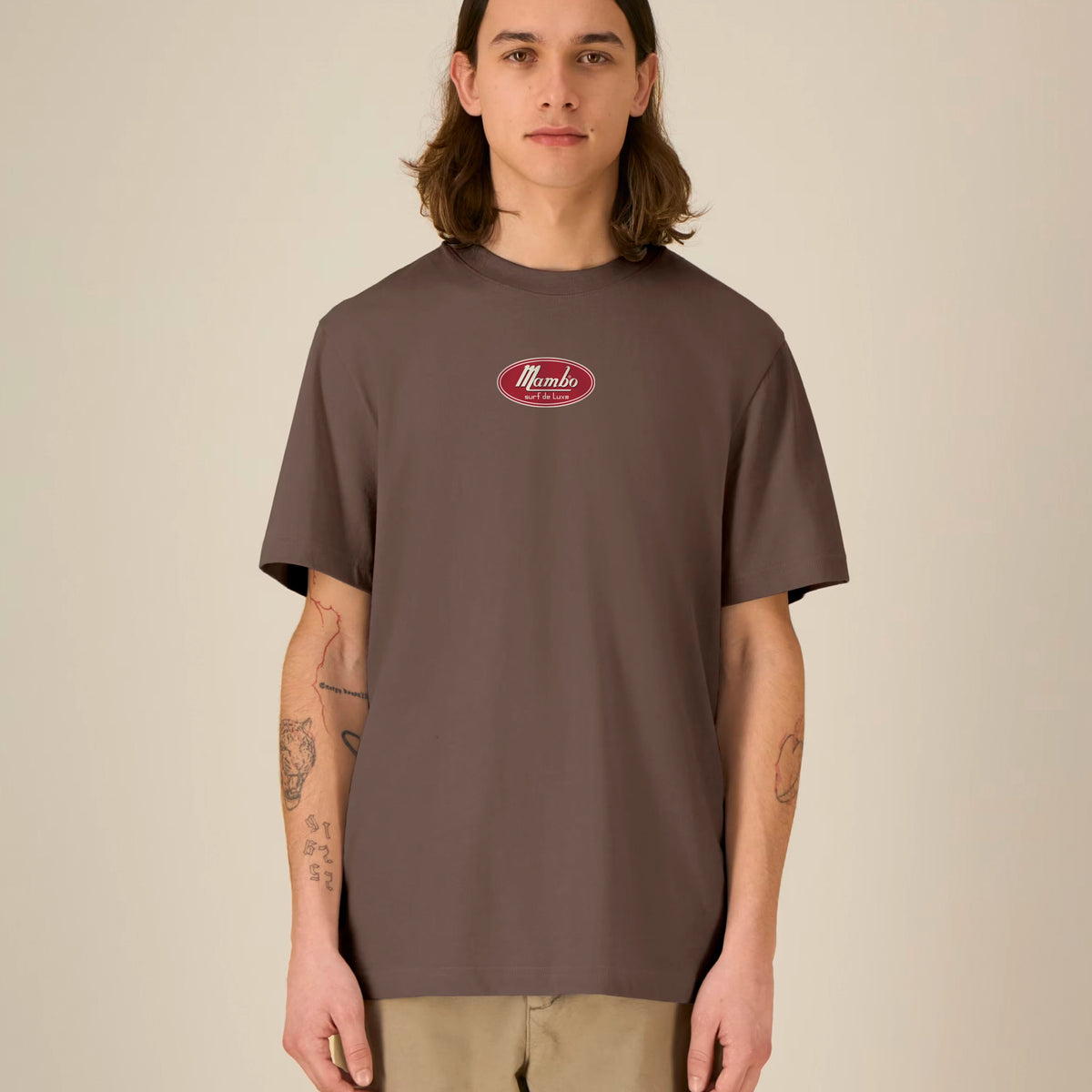 Logo Badge t-shirt in Mocha — model front