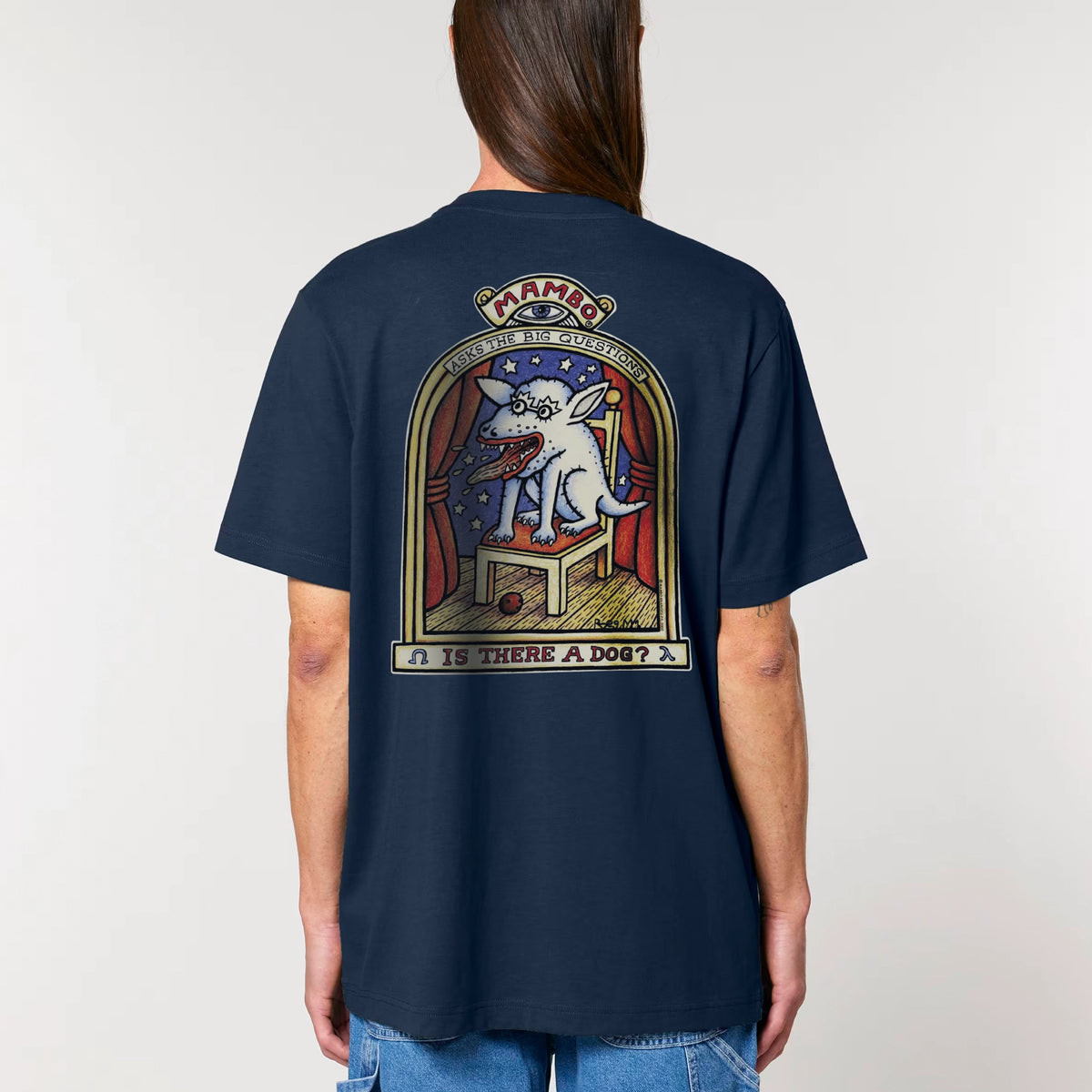 Ask the Big Questions t-shirt in French Navy — model back