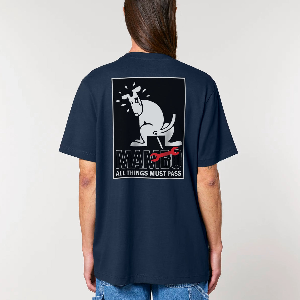 All Things Must Pass t-shirt in French Navy — model back