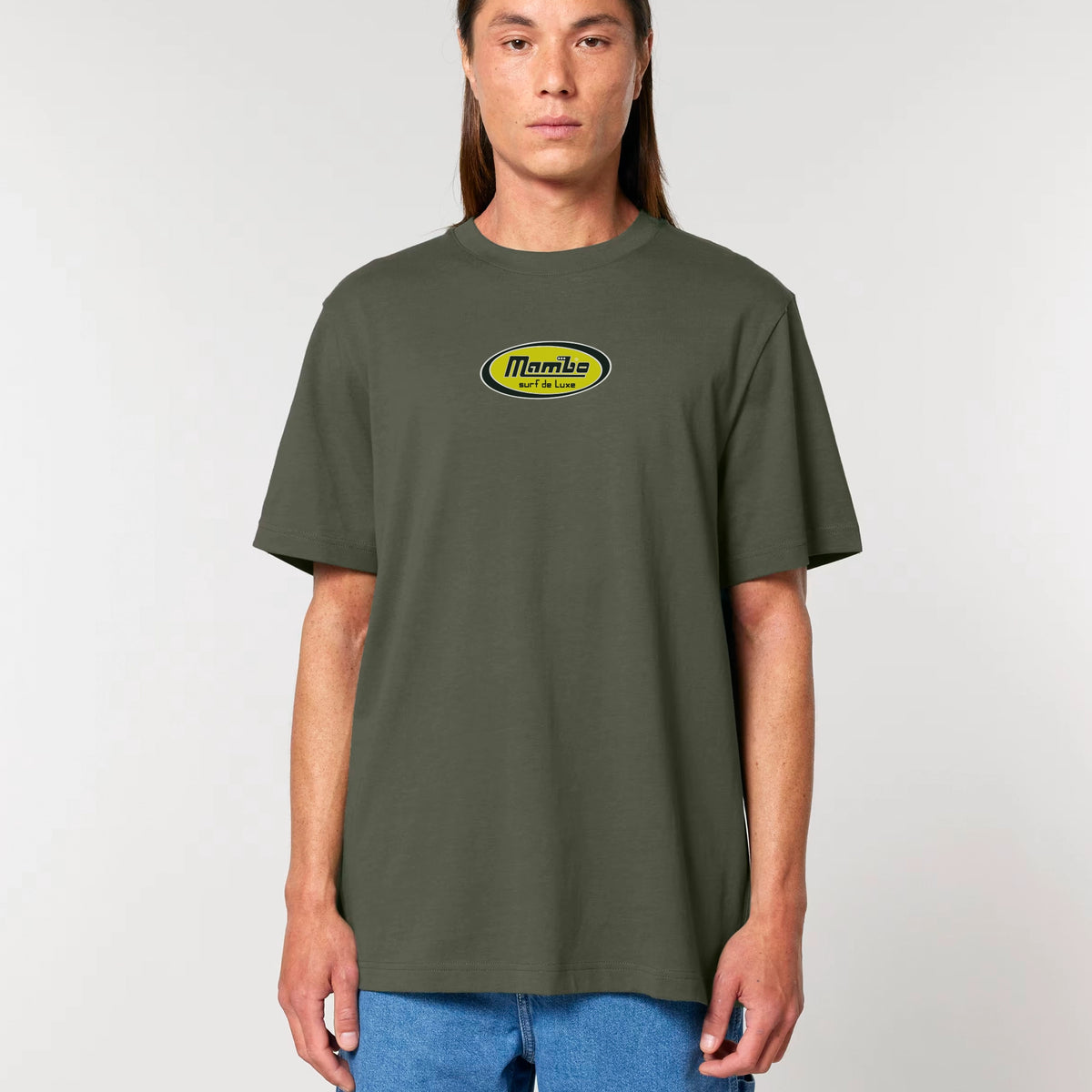 Deluxe Badge t-shirt in Khaki — model front