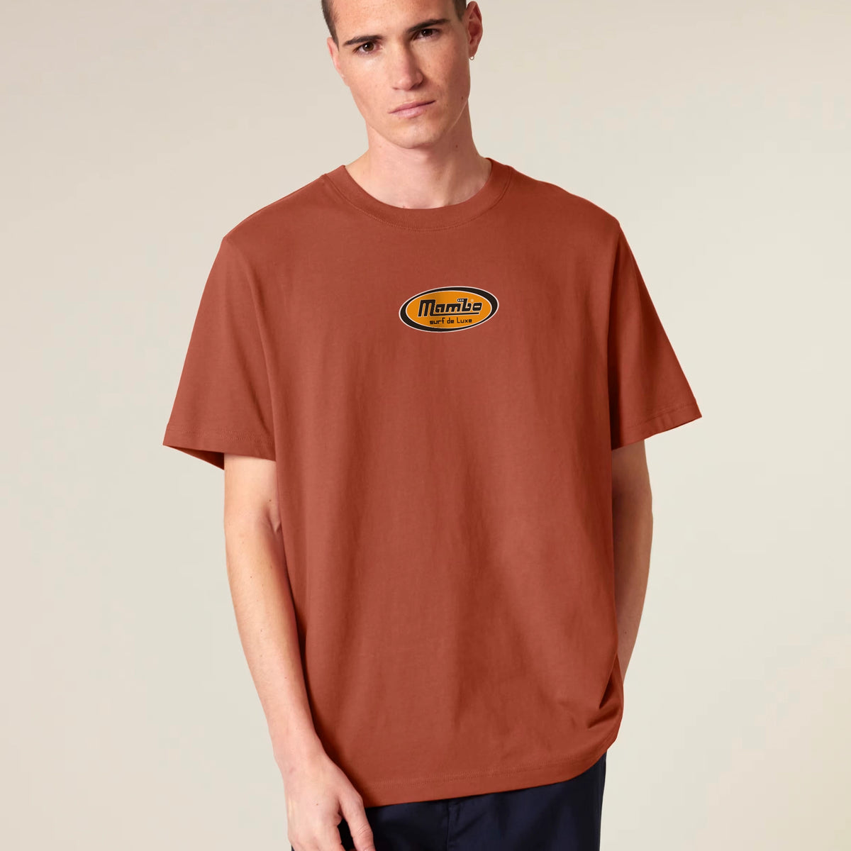 Deluxe Badge t-shirt in Heritage Brown — model front