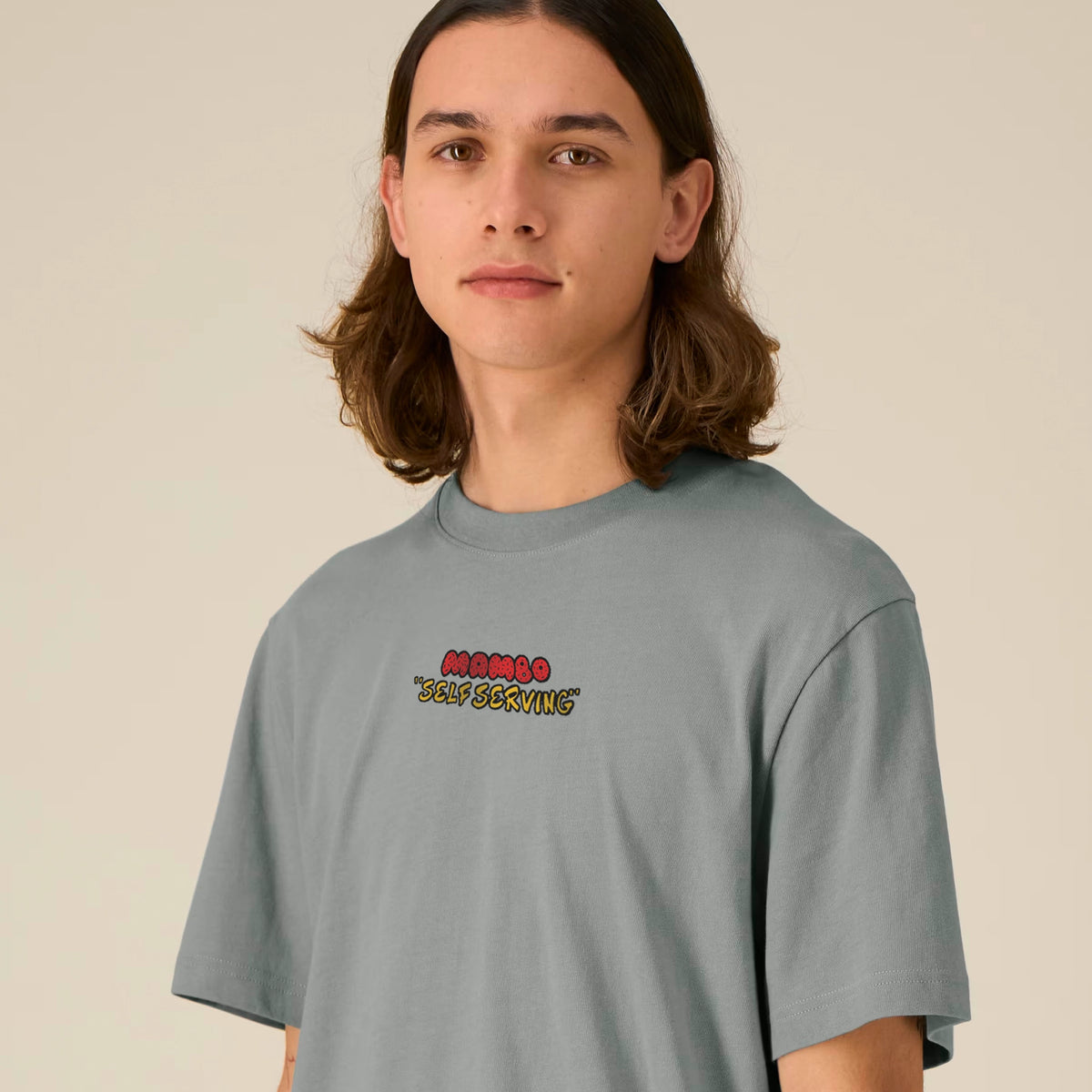 Self Serving t-shirt in Misty Grey — model front