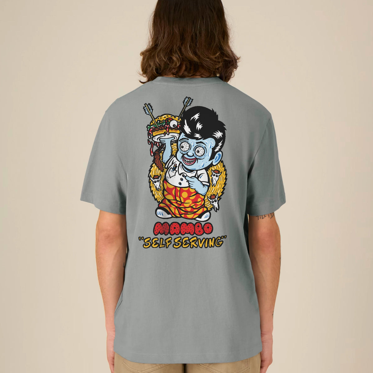 Self Serving t-shirt in Misty Grey — model back