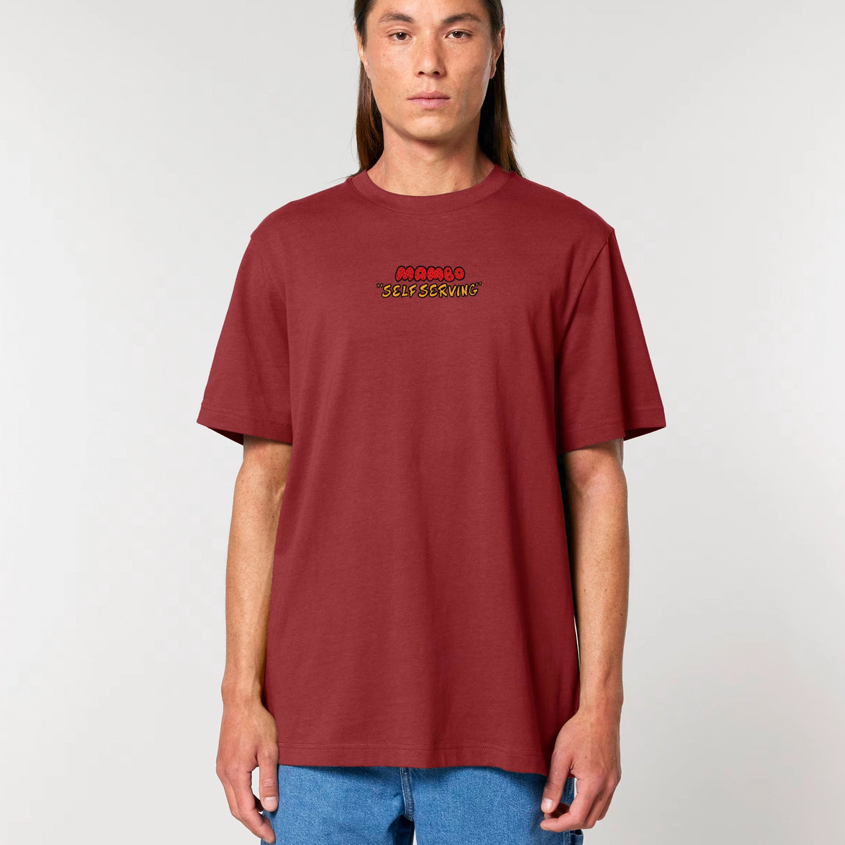 Self Serving t-shirt in Red Earth — model front