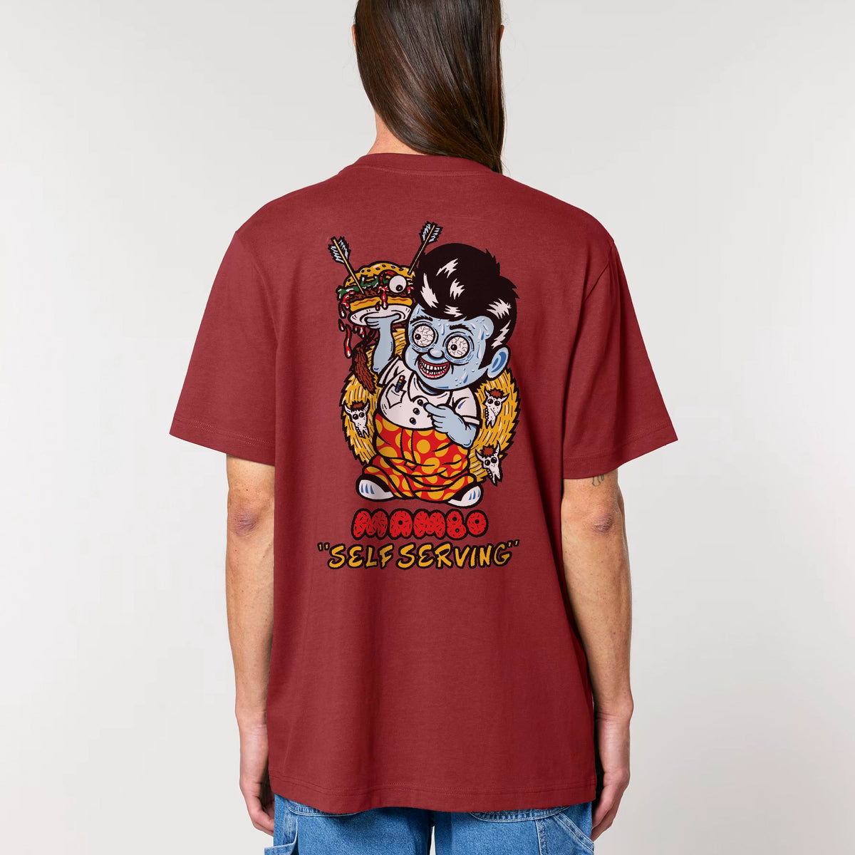 Self Serving t-shirt in Red Earth — model back
