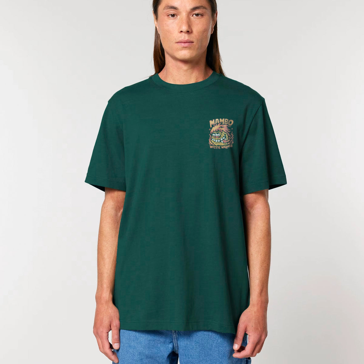 Wettie Warmer t-shirt in Glazed Green — model front