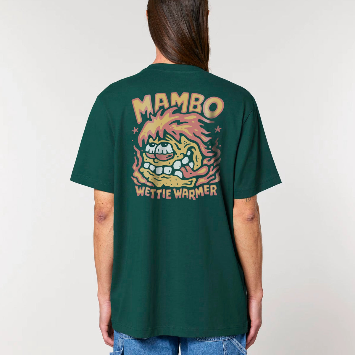 Wettie Warmer t-shirt in Glazed Green — model back