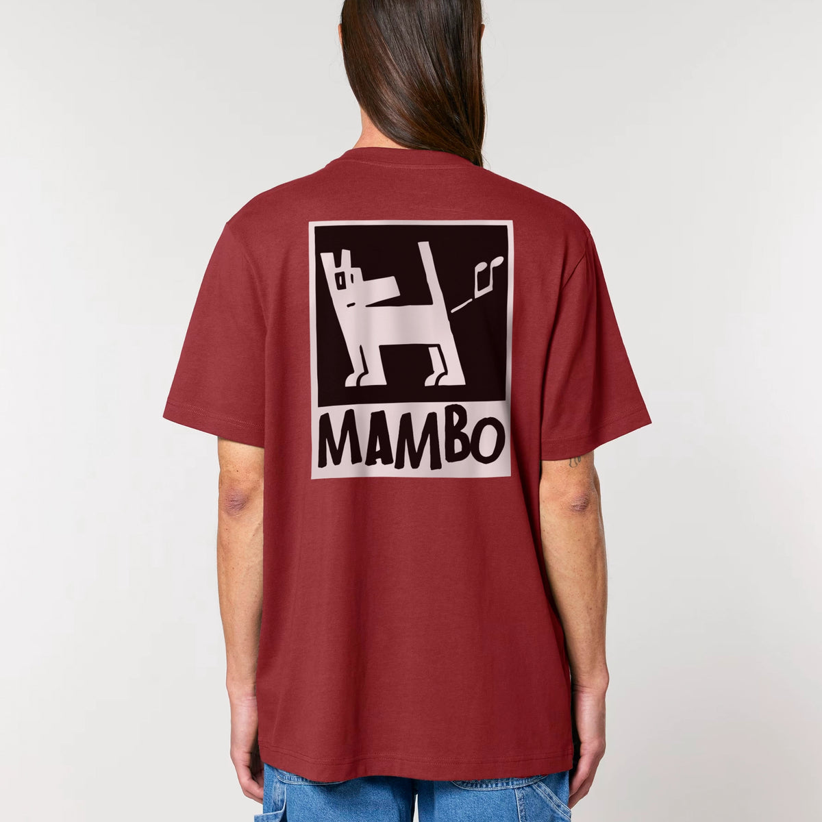 Farting Dog t-shirt in Red Earth — model back