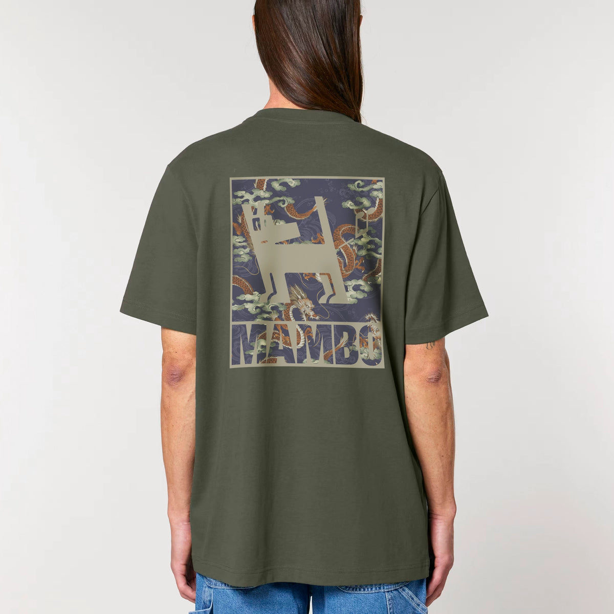 Dragon Dog t-shirt in Khaki — model back