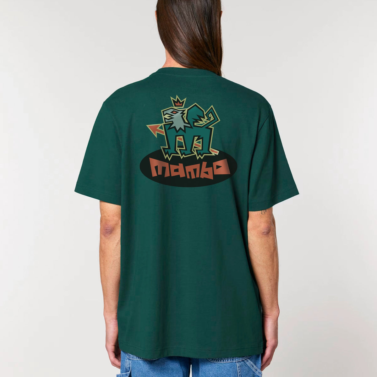 Mambo Griffin T-shirt in Glazed Green, back on-model view
