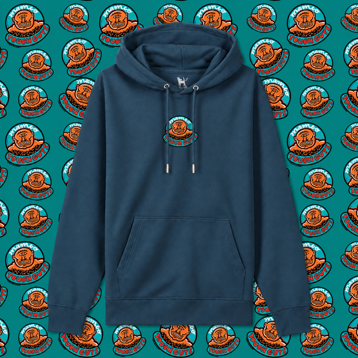 Tough Guys hoodie in Deep Teal — garment front