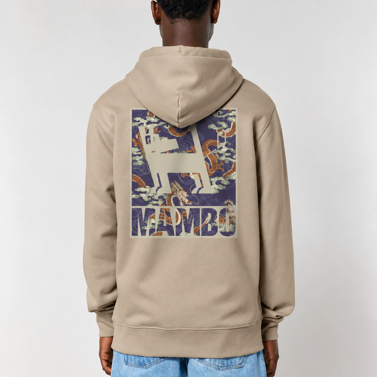 Dragon Dog hoodie in Desert Dust — model back