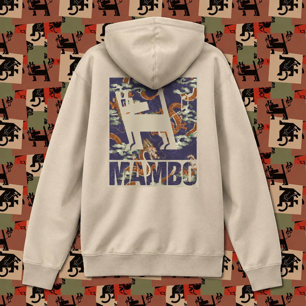 Dragon Dog hoodie in Desert Dust — garment back