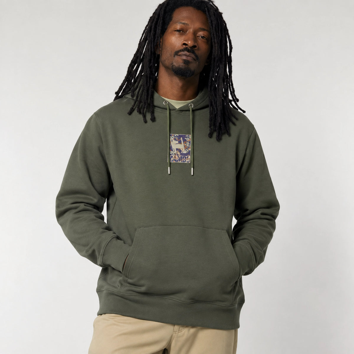 Dragon Dog hoodie in Khaki — model front