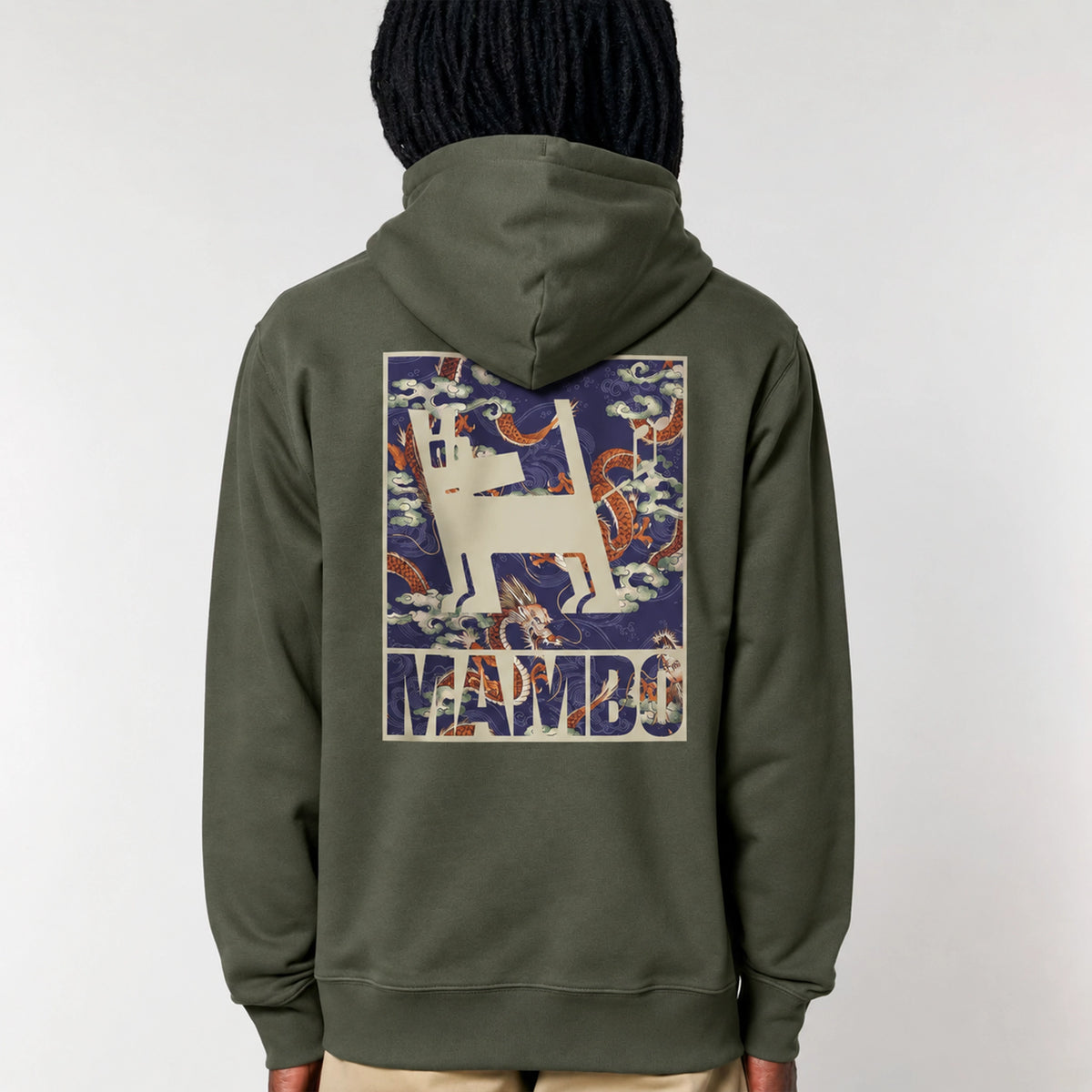 Dragon Dog hoodie in Khaki — model back