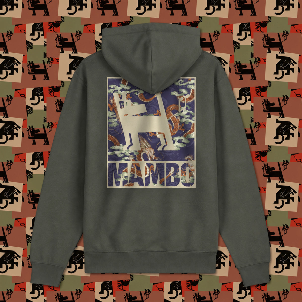Dragon Dog hoodie in Khaki — garment back