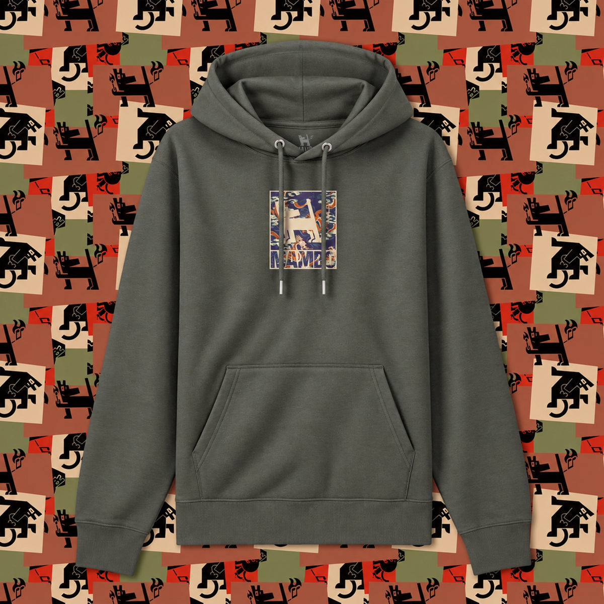 Dragon Dog hoodie in Khaki — garment front
