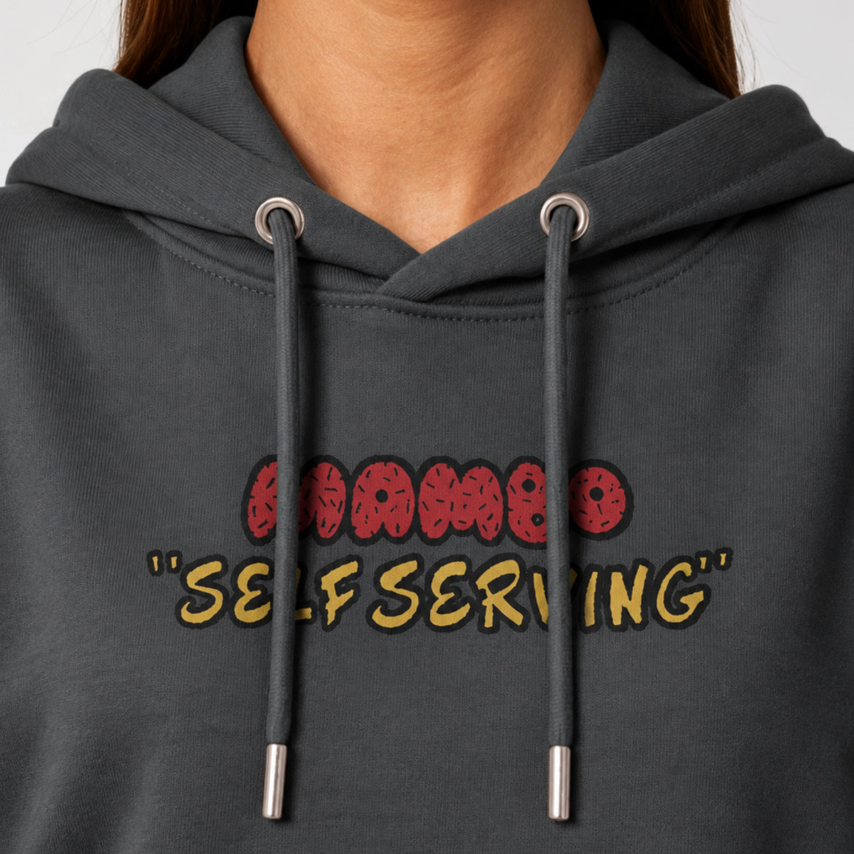 Self Serving hoodie in Anthracite — detail front