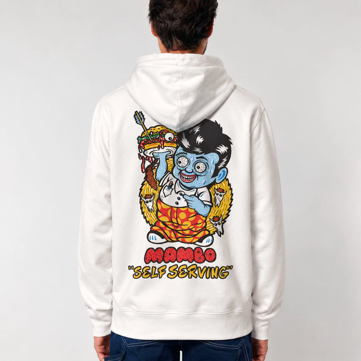 Self Serving hoodie in Off White — model back