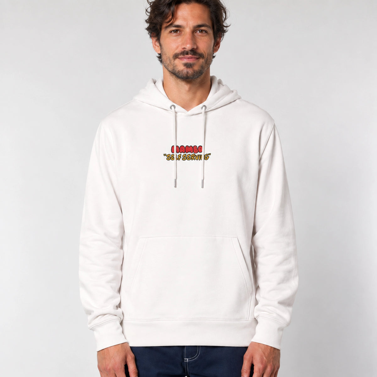 Self Serving hoodie in Off White — model front