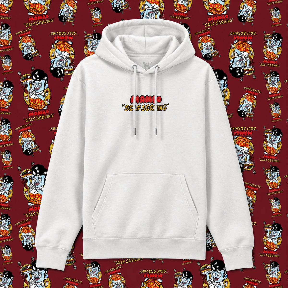 Self Serving hoodie in Off White — garment front