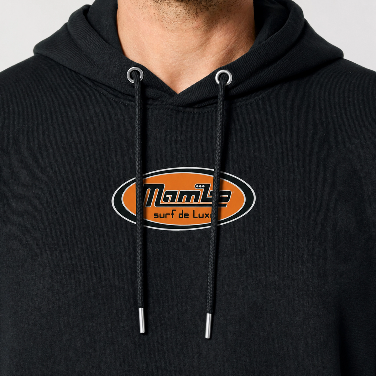 Logo Badge hoodie in Black — detail front