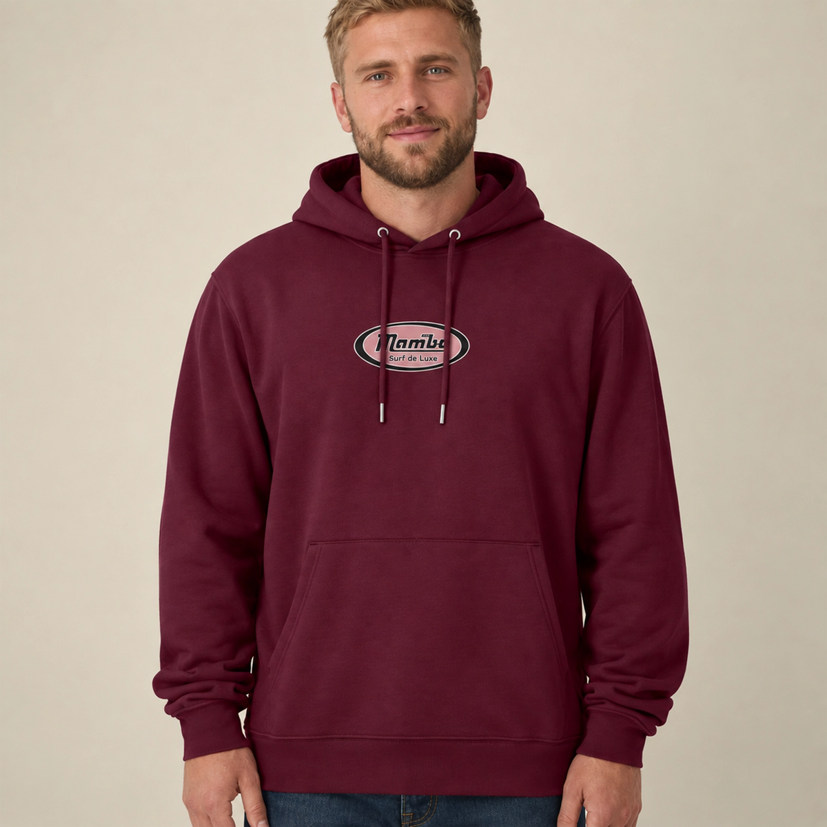 Logo Badge hoodie in Deep Plum — model front