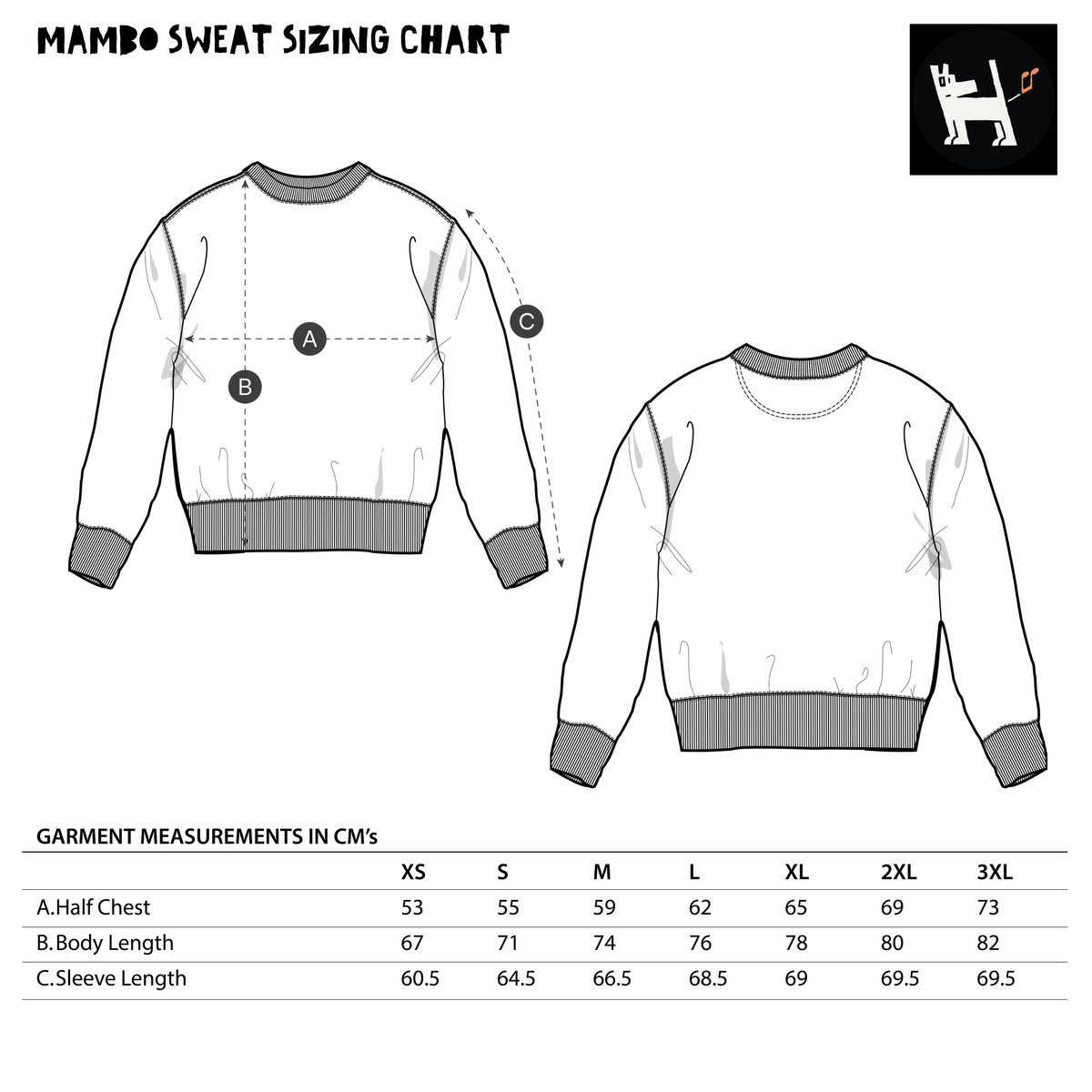 Mambo sweatshirt garment measurements and size guide, XS–2XL