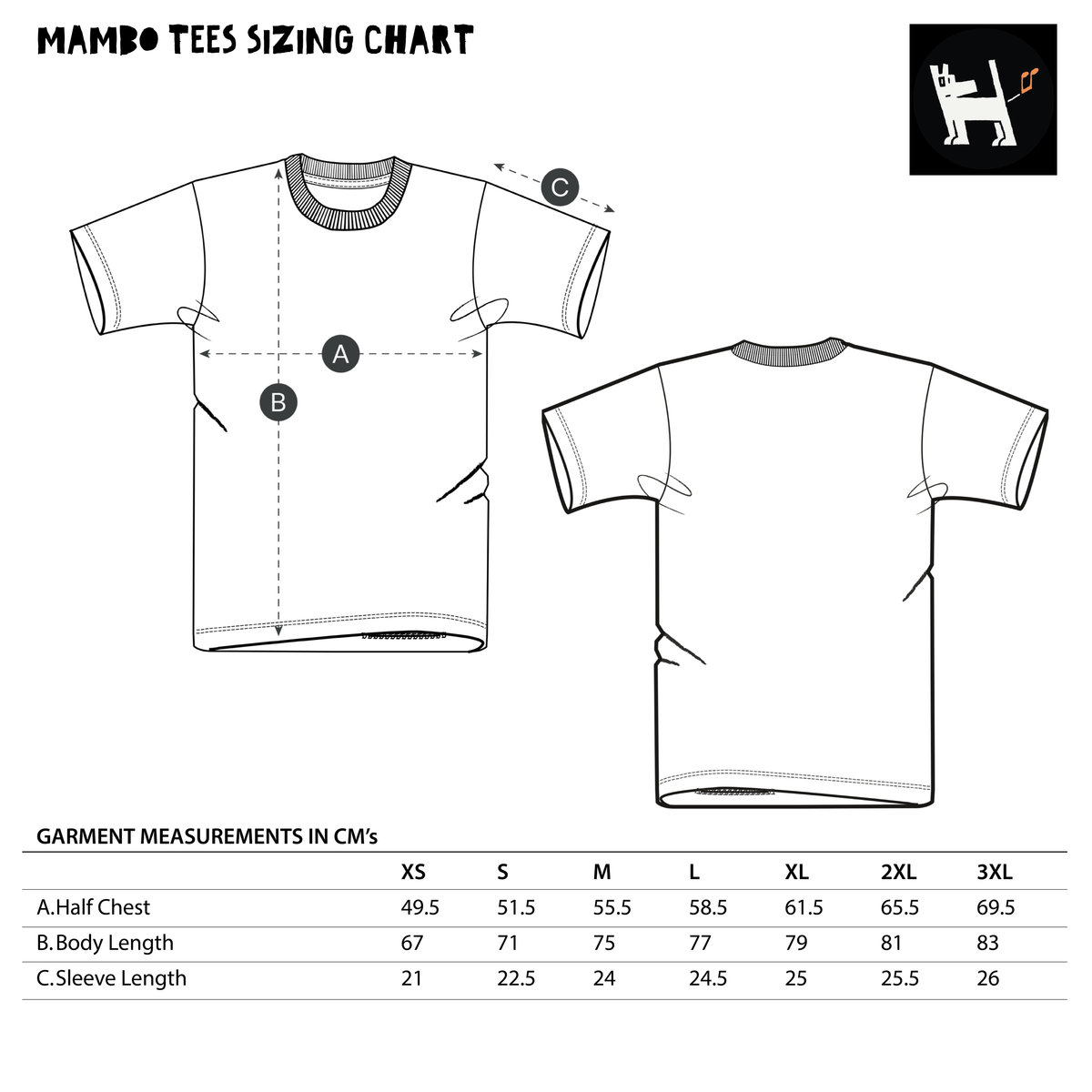 Mambo T-shirt garment measurements and size guide, XS–2XL